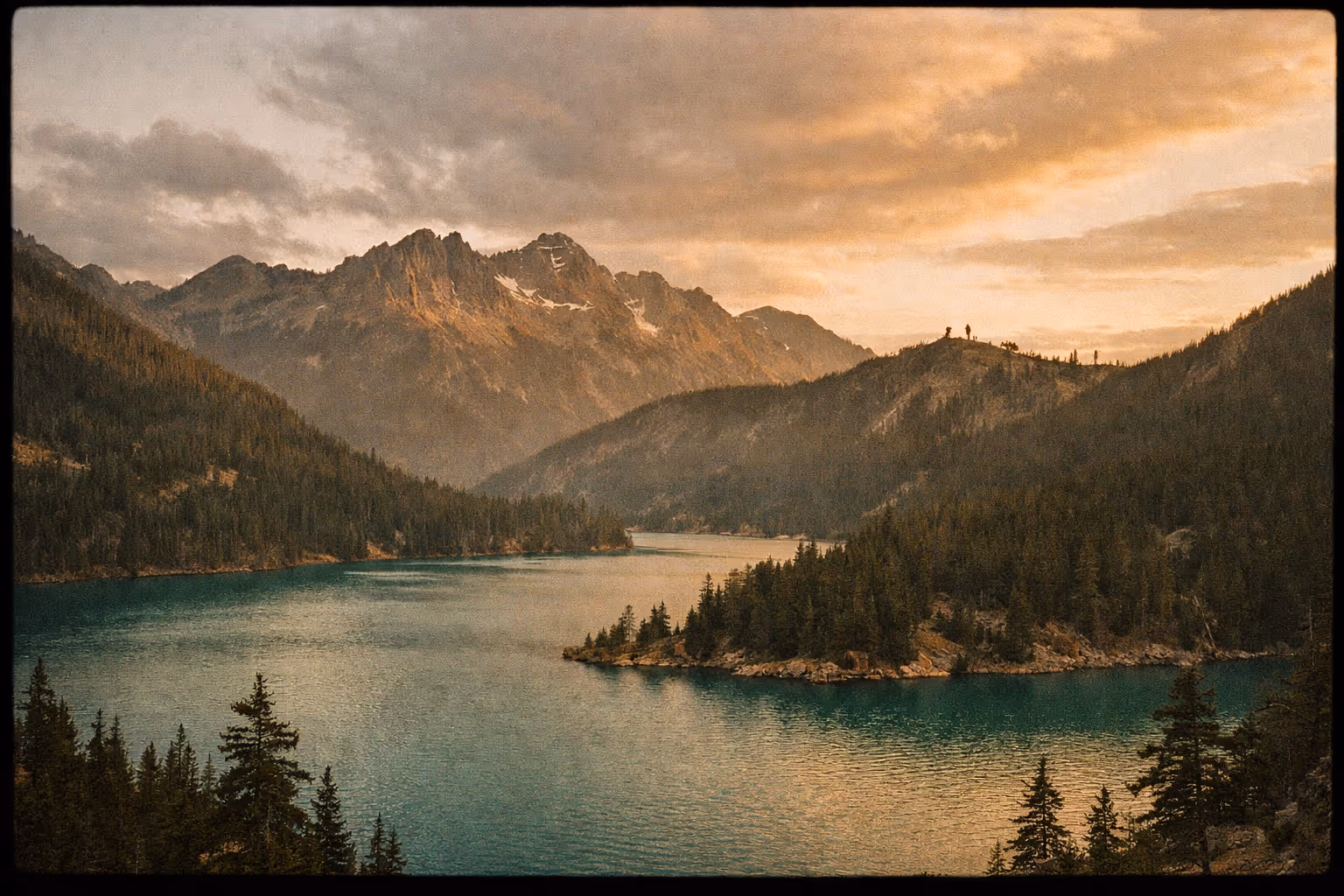 Diablo Lake and Maple Pass ridge at golden hour for a cohesive editorial cover