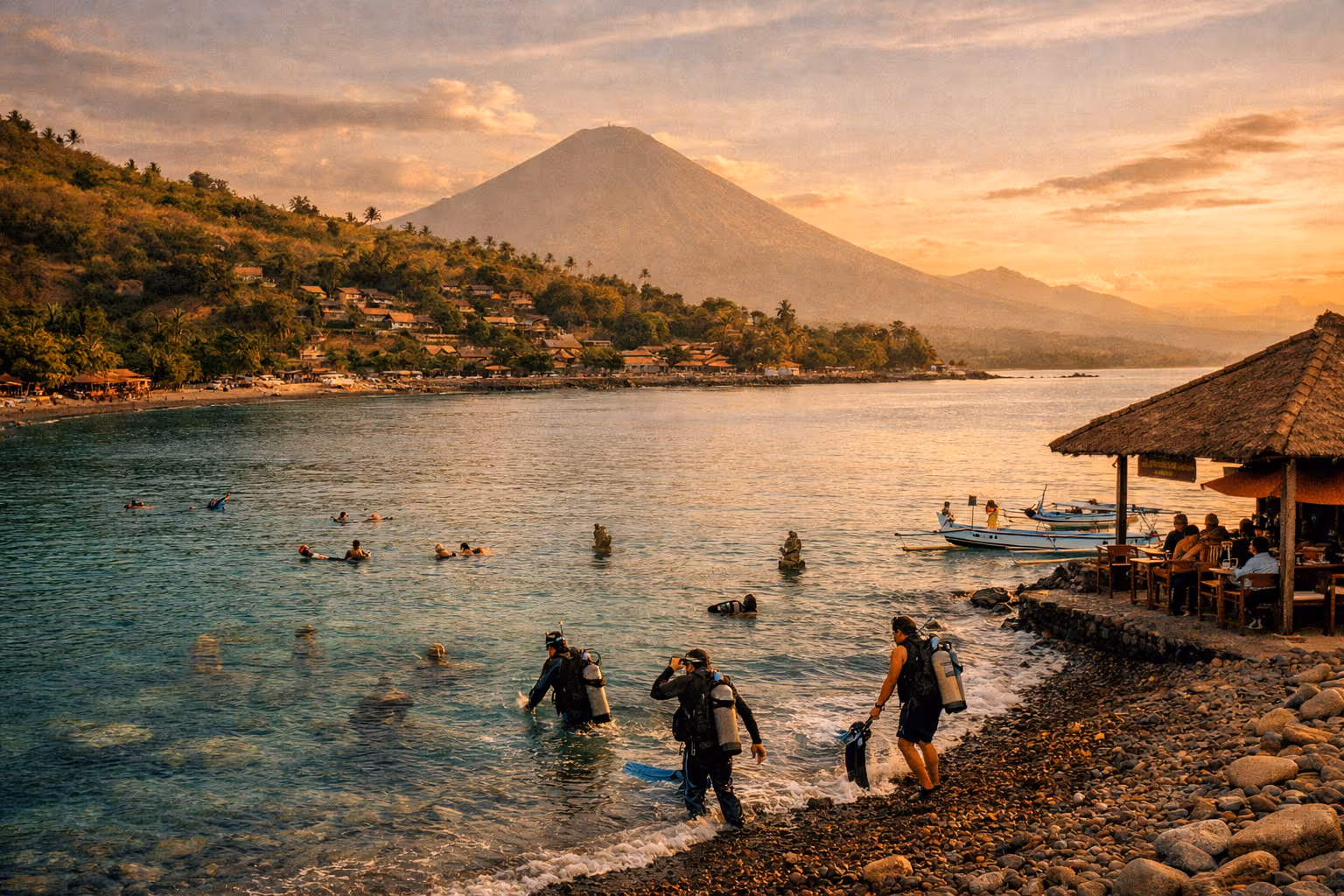Editorial wide-shot of Amed Bali at golden hour, with divers entering the water near Jemeluk Bay and Mount Agung on the horizon