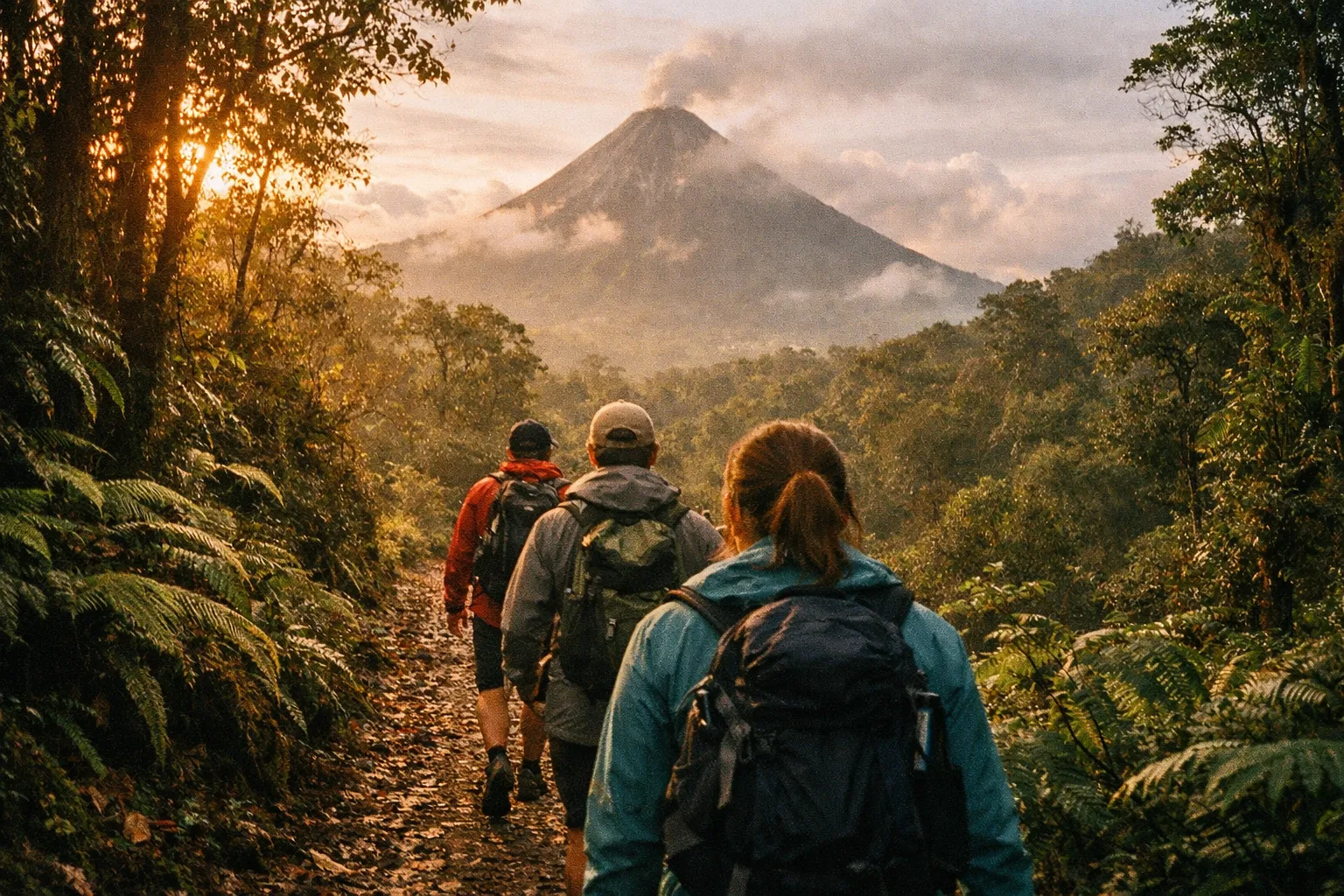 Hikers walking along a mossy forest trail toward an overlook of Arenal Volcano at golden hour
