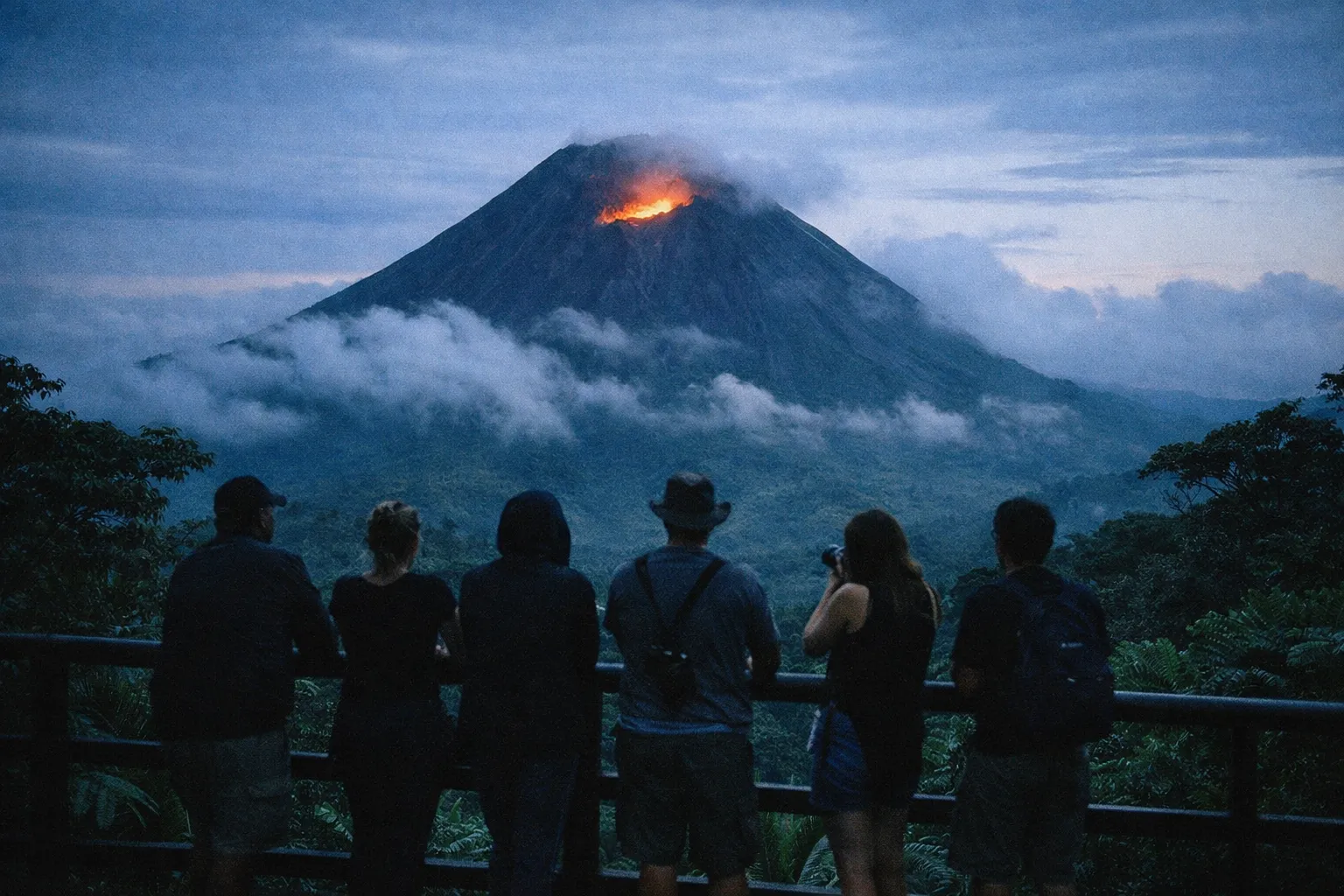 Twilight view from a safety overlook showing Arenal Volcano with a faint glow in the crater and silhouettes of visitors at the railing