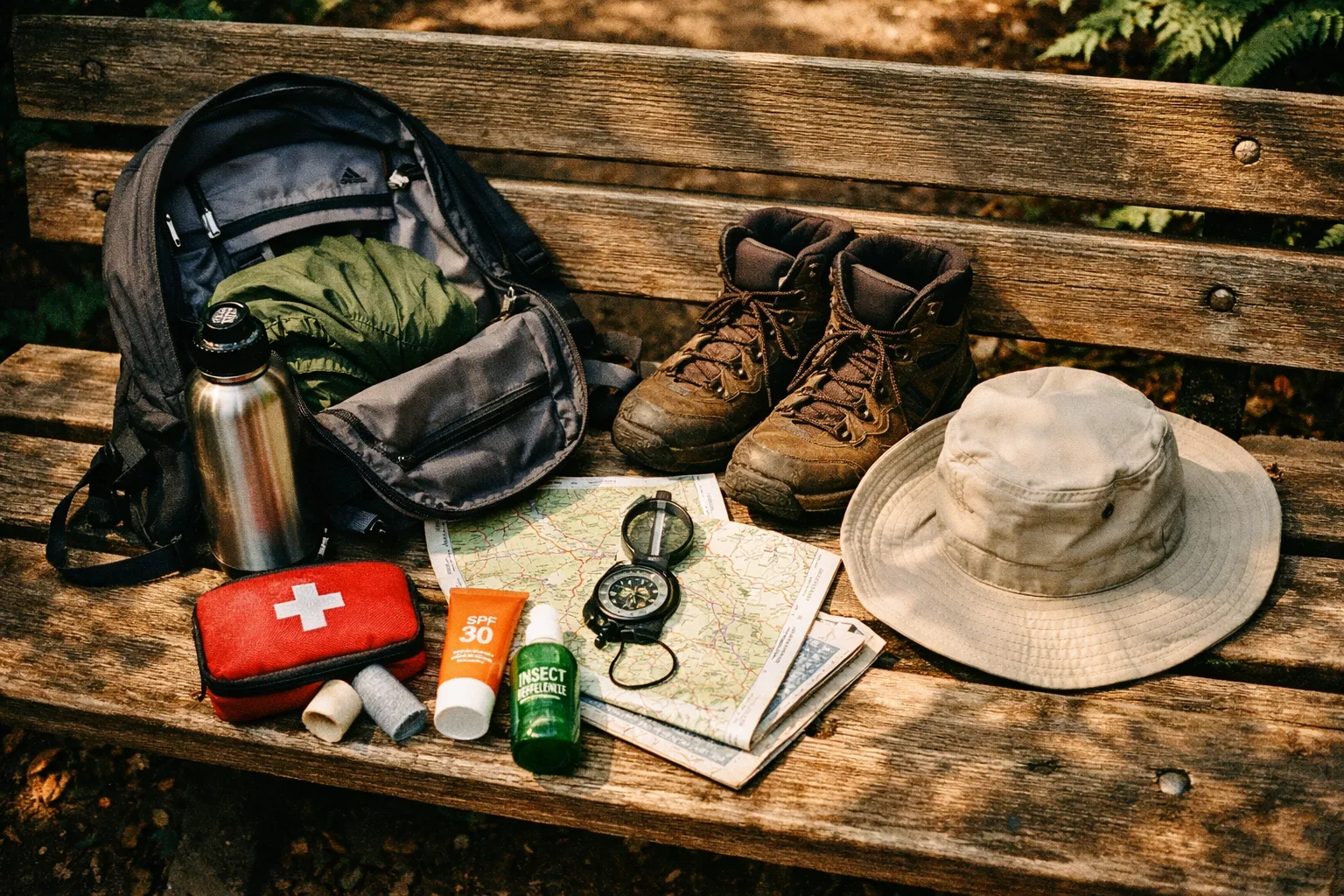 Backpack opened on a wooden trail bench with hiking essentials spilling out, including map, water bottle, rain jacket, and boots