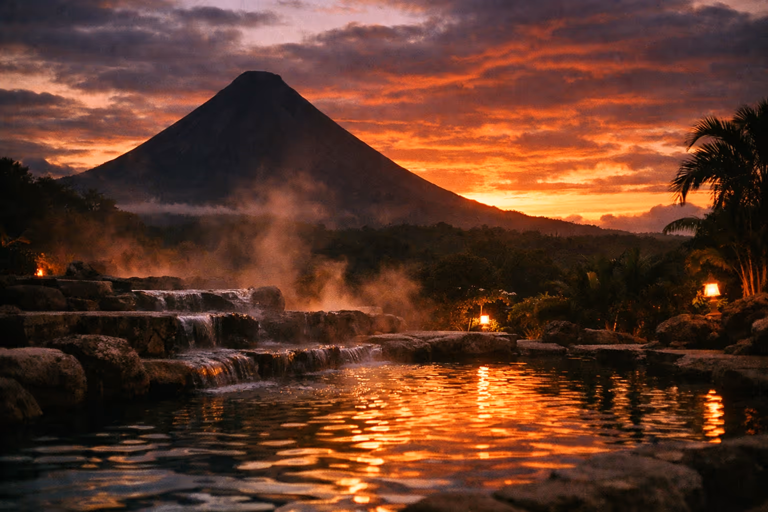 Editorial night shot of Arenal Volcano cone at dusk with warm hot spring pools in the foreground