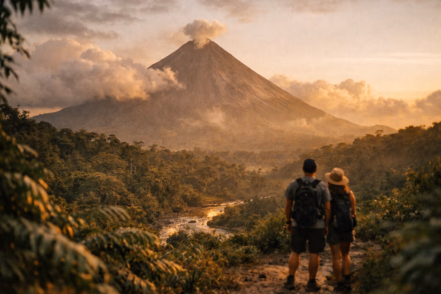 Editorial landscape of Arenal Volcano National Park at golden hour, with rainforest foreground and distant volcano glow
