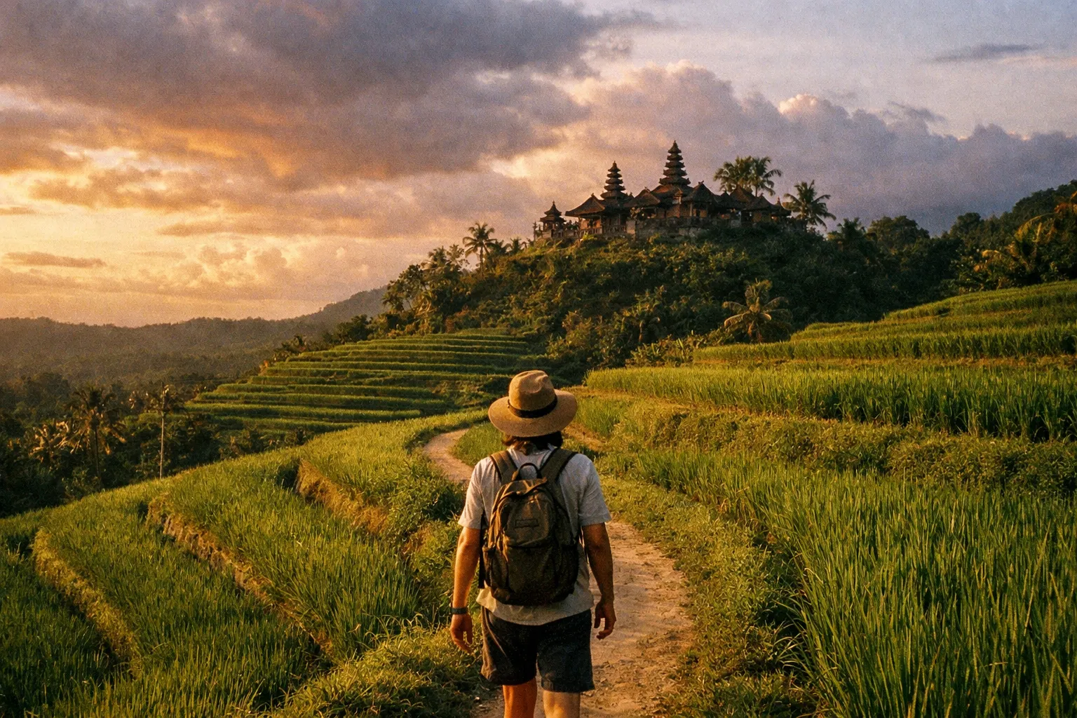 Golden hour Bali rice terraces with a distant hillside temple and a traveler seen from behind along a winding path