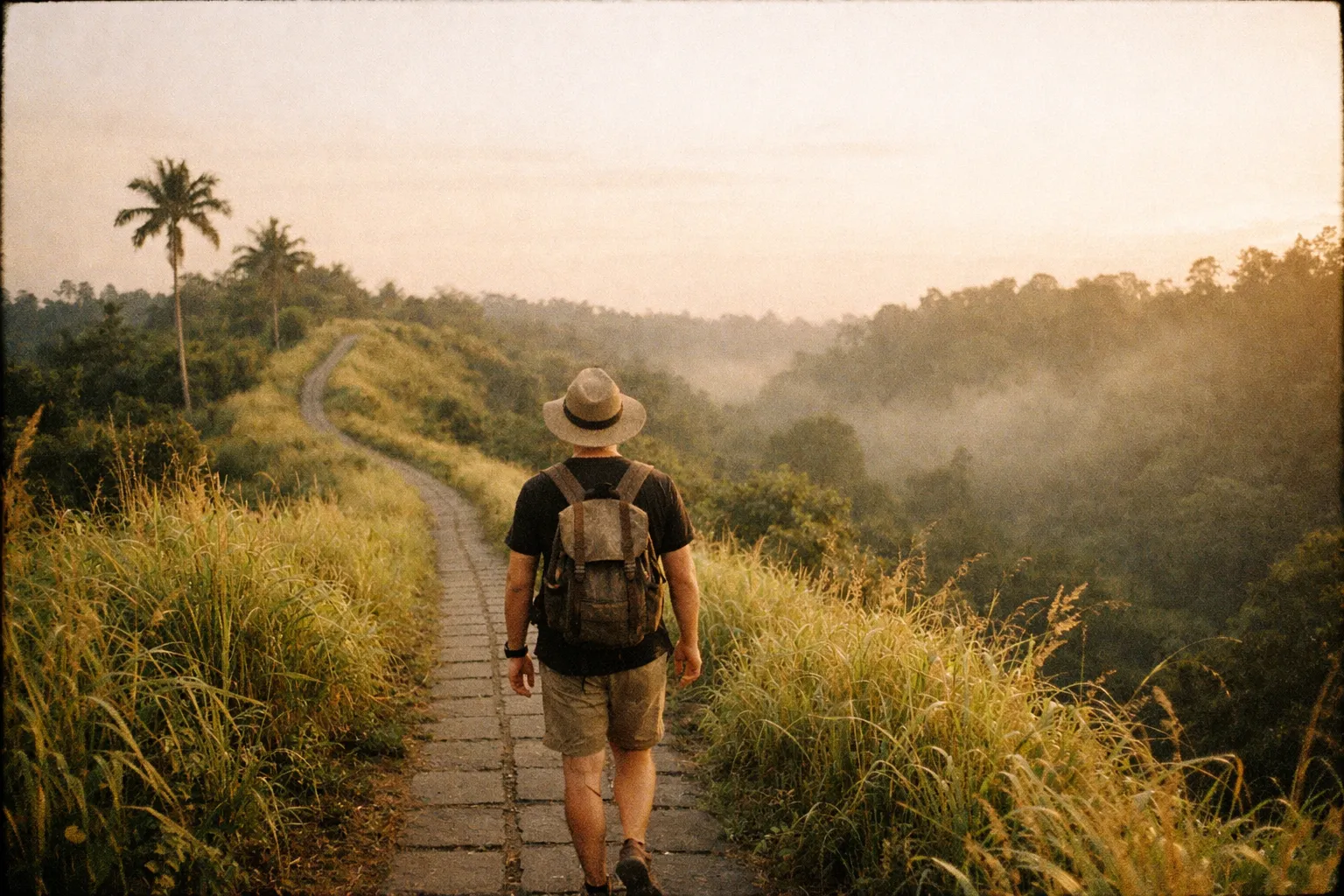 Campuhan Ridge Walk, Ubud, at golden hour with a traveler seen from behind
