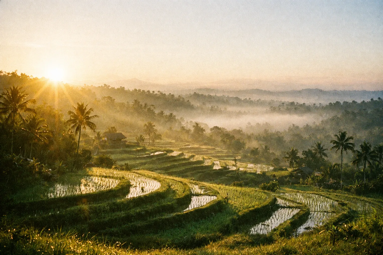 Misty morning over Bali's terraced fields with soft light and distant hills