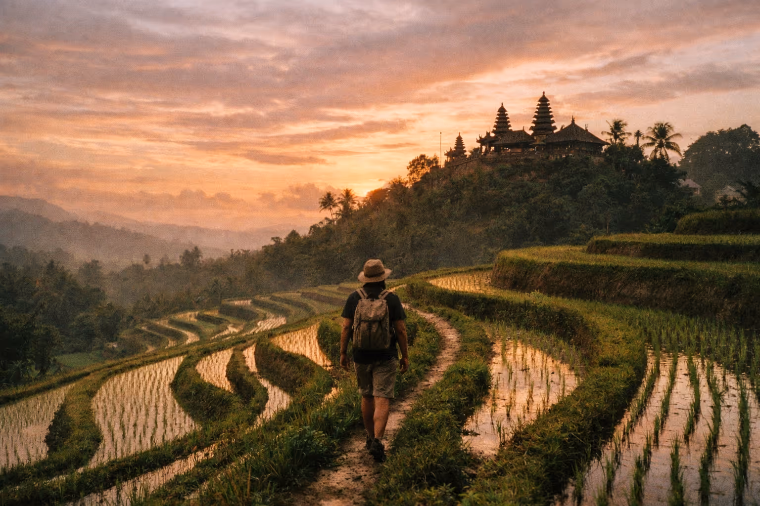 Editorial Bali landscape at golden hour with rice terraces, a hillside temple, and distant ocean horizon