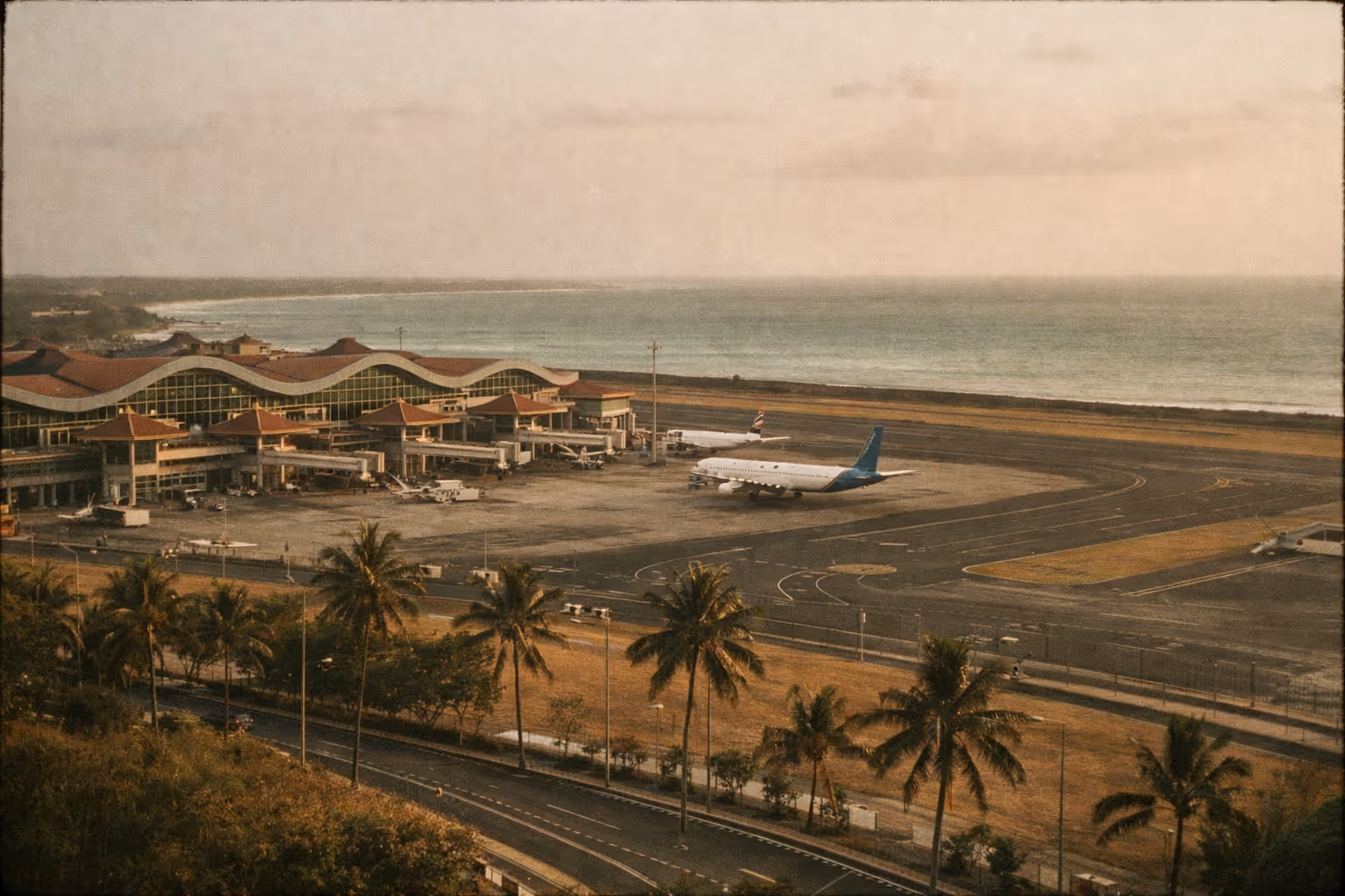 A sweeping editorial photograph of Bali's Ngurah Rai Airport at golden hour, capturing terminal, runway, and the nearby coastline.