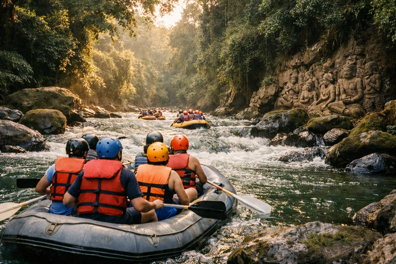 Rafters seen from behind paddling down Ayung River through lush green gorge with carved walls