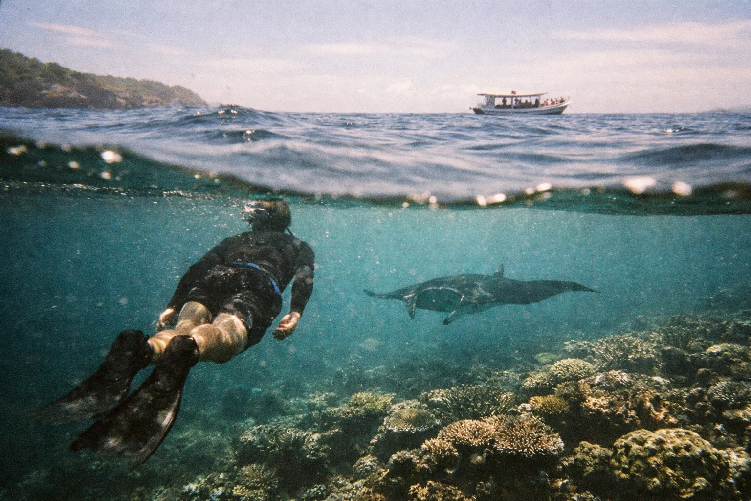 Silhouette of a snorkeler in turquoise water watching a manta ray gliding beneath near Nusa Penida