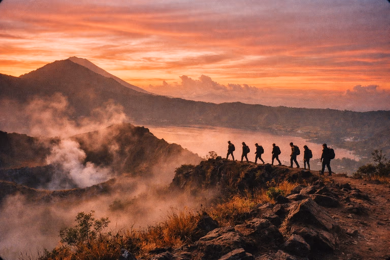 Editorial cover image: Bali's adventure playground at dawn with Mount Batur glowing caldera and hikers on a ridge
