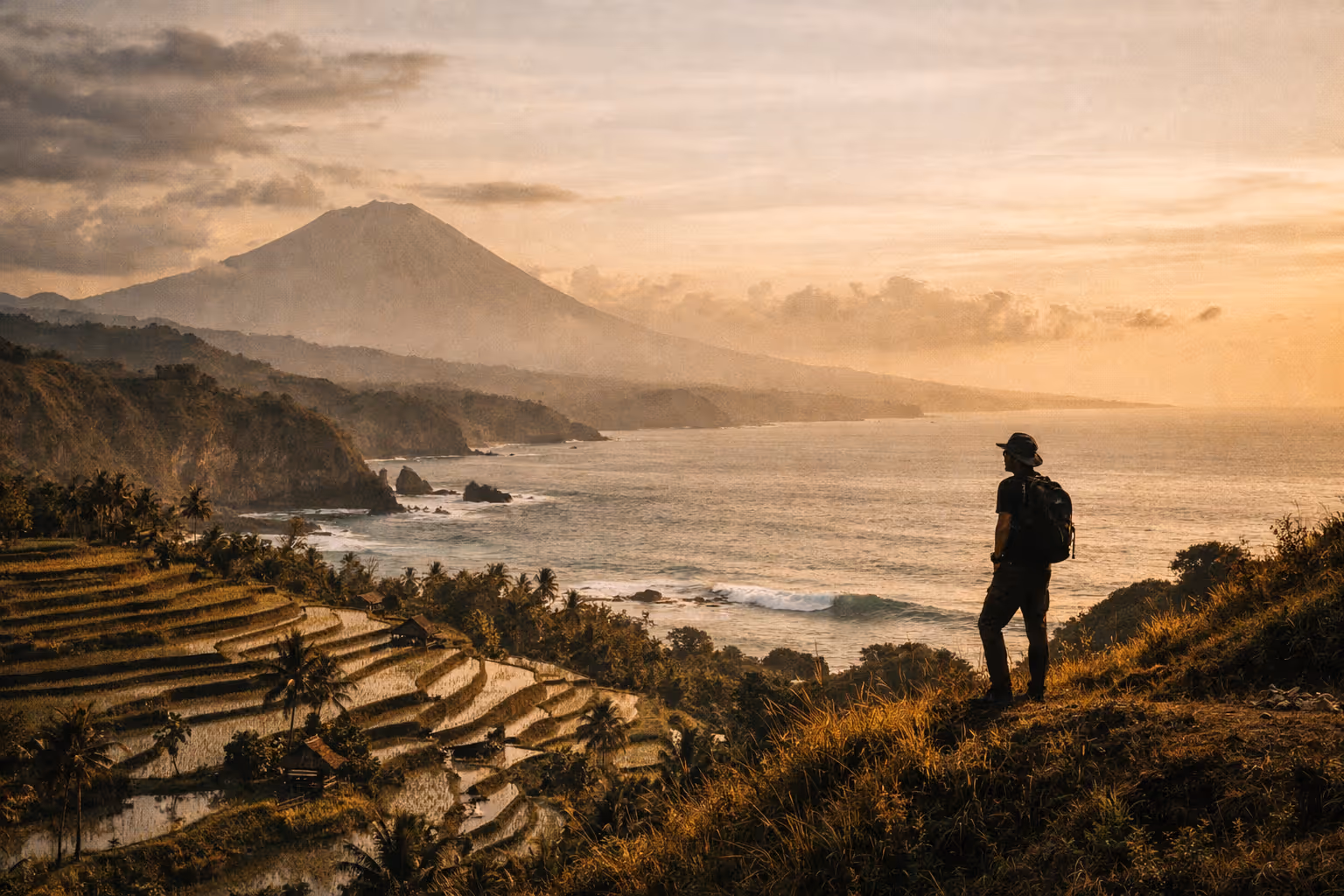Editorial panorama of Bali's safety-relevant landscapes at golden hour, showing coast, rice terraces, and a distant volcano with a lone silhouette