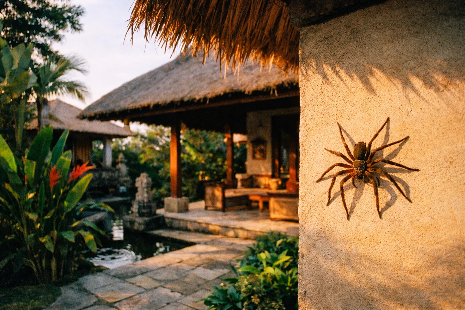 Pantropical Huntsman spider on a wall in a Balinese villa setting
