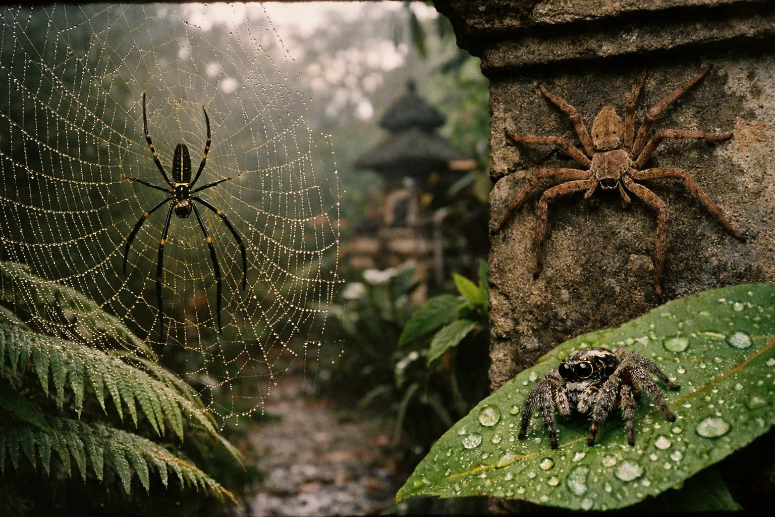 Multiple Bali spiders in a natural outdoor setting