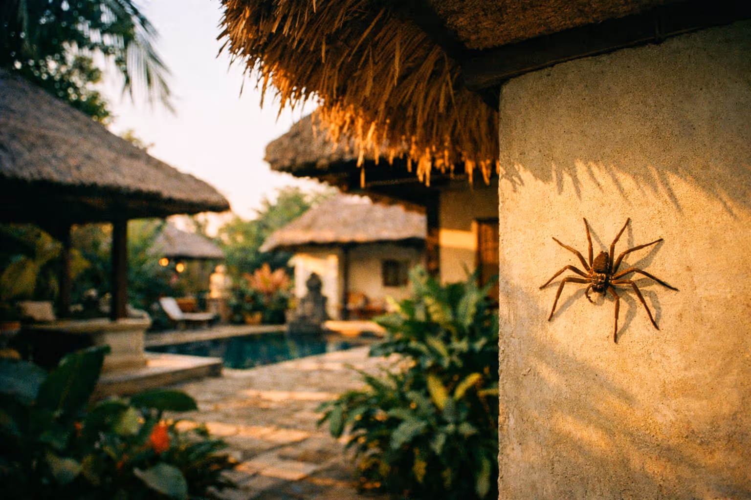 Calm Bali villa at golden hour with Huntsman spider on wall