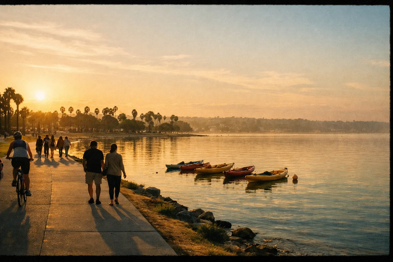 Editorial view along Mission Bay's shoreline with calm water, bayfront path, and cyclists seen from behind