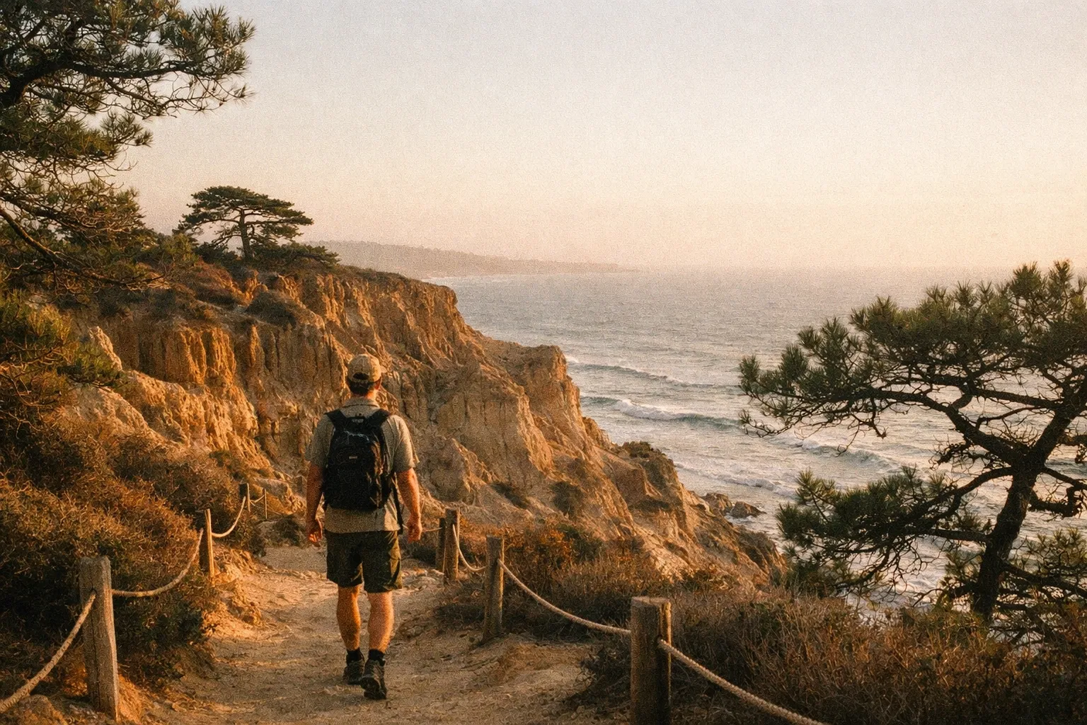 Torrey Pines coastal bluff scene with a hiker seen from behind along a trail, ocean beyond