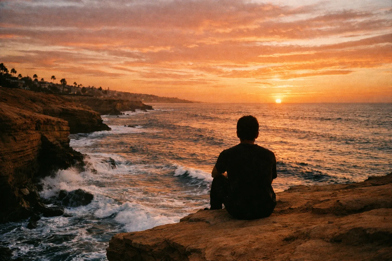 Dramatic sunset view from Sunset Cliffs with rugged coastline and a silhouette on the cliff edge from behind