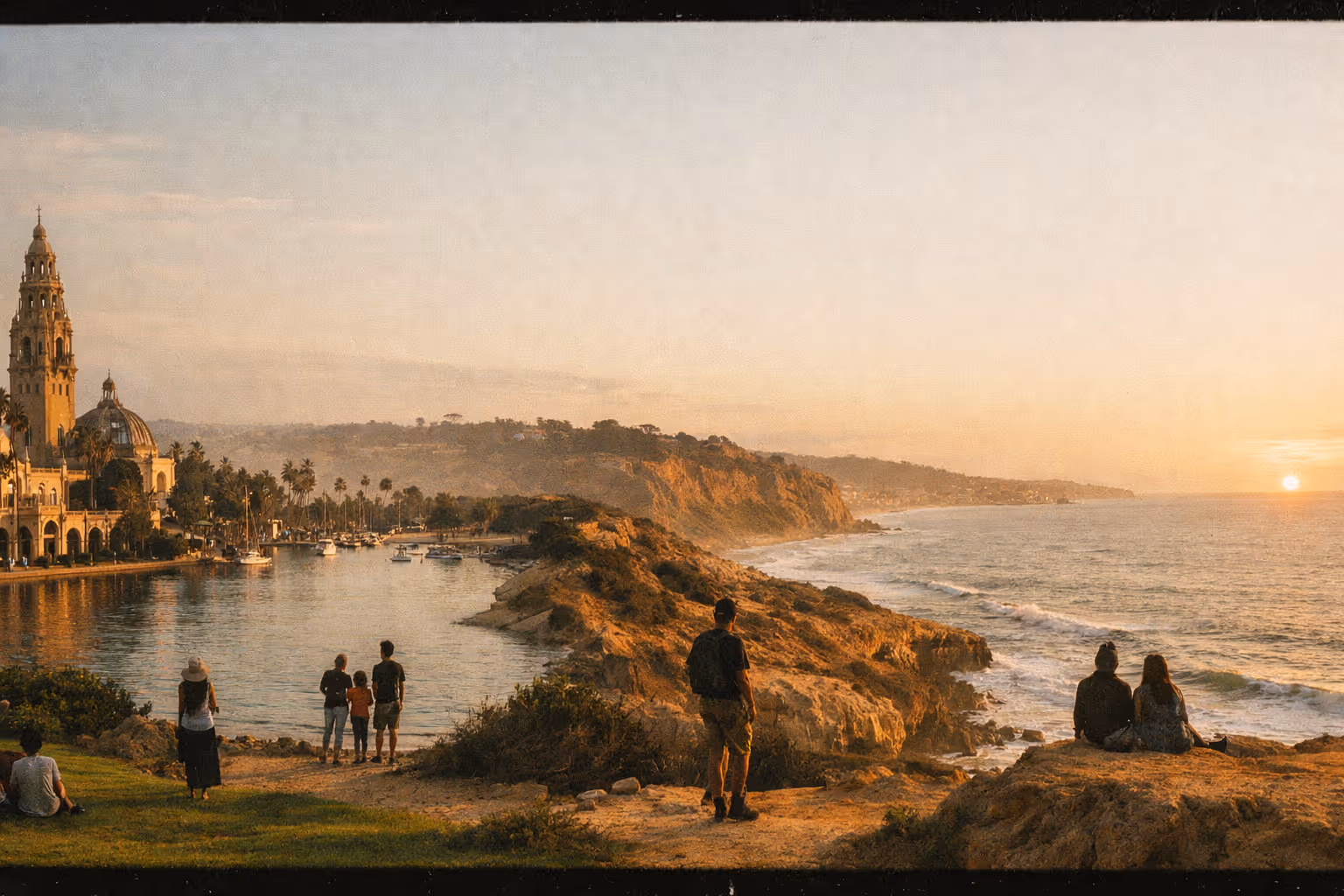 Editorial panoramic image of San Diego's top parks at golden hour, blending Balboa Park, Mission Bay, Torrey Pines, and Sunset Cliffs into one scene