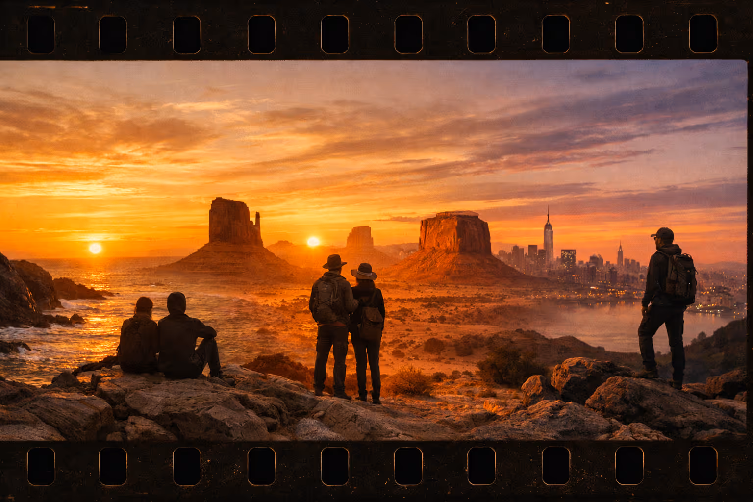 Editorial cover image of a golden-hour sunset sweeping across diverse American landscapes, from coast to desert to city silhouettes.