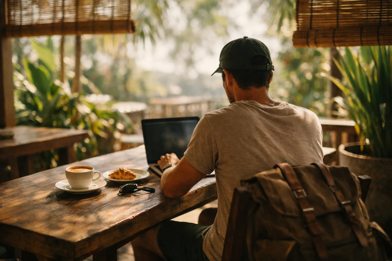 Back view of a traveler working on a laptop at a sunlit cafe terrace in Canggu
