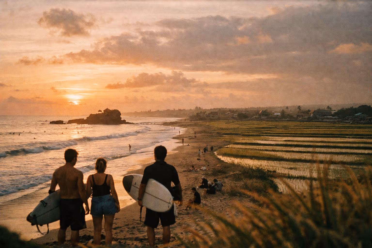 Editorial hero shot of Canggu's beaches, rice paddies, and sunset vibes