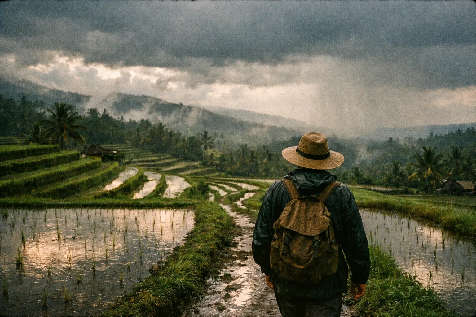 Terraced Bali rice fields during the rainy season, seen from behind a traveler