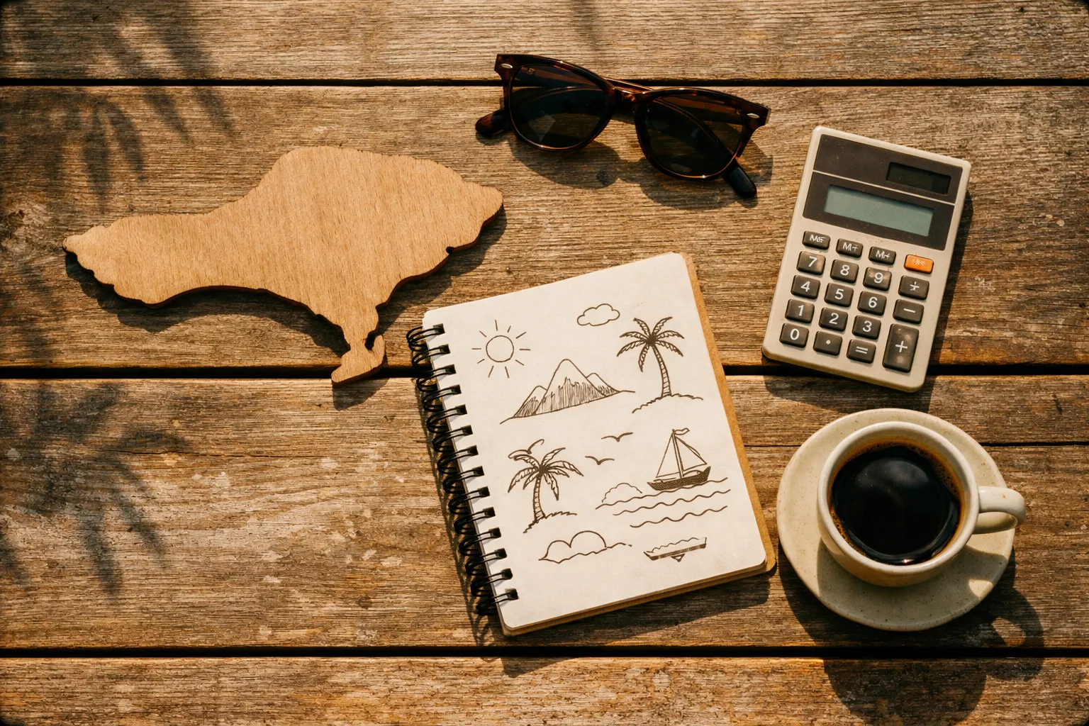 Top-down outdoor desk with a Bali map silhouette, a notebook, a calculator, sunglasses and a coffee cup.