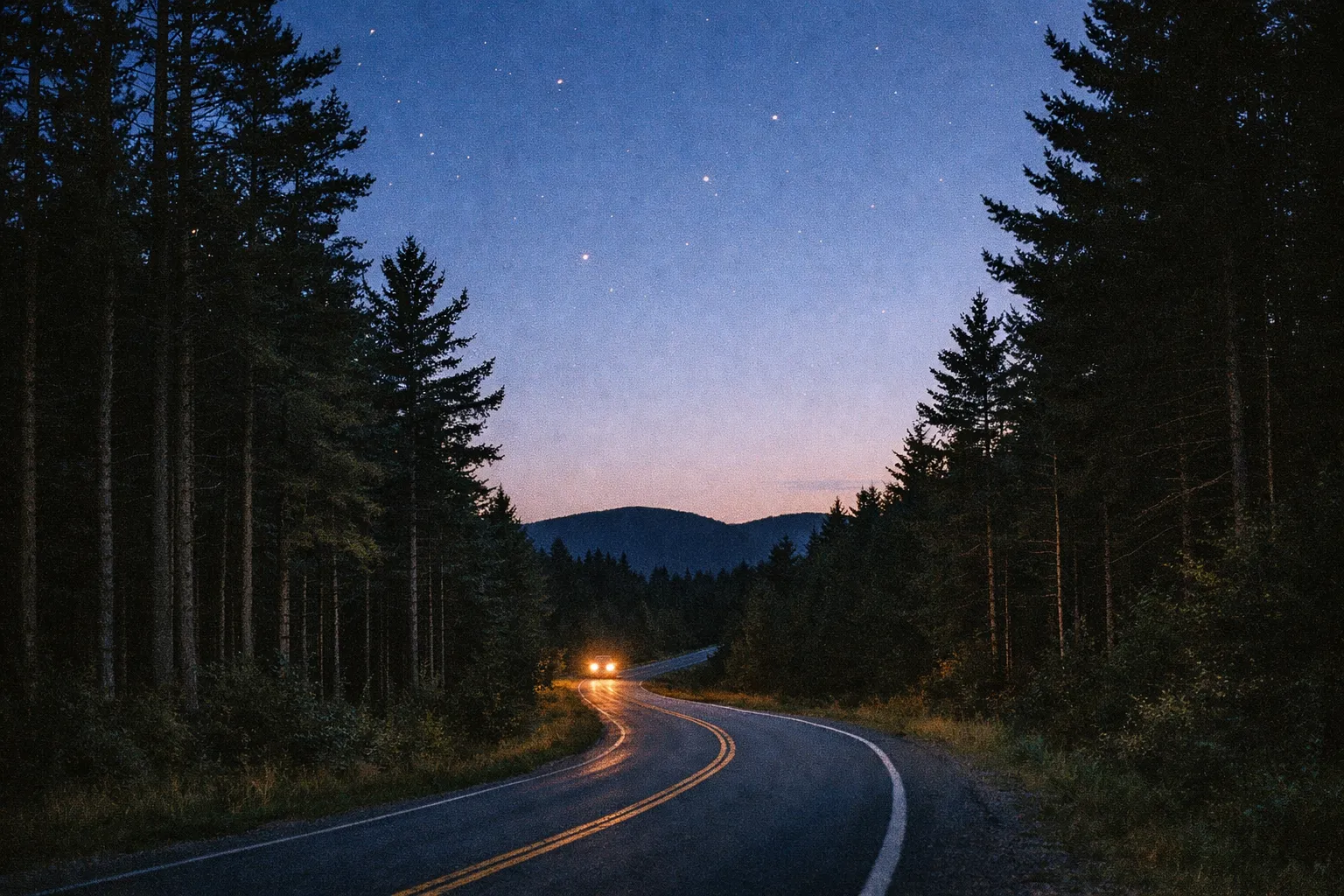 Winding forest road leading toward Cherry Springs State Park at twilight