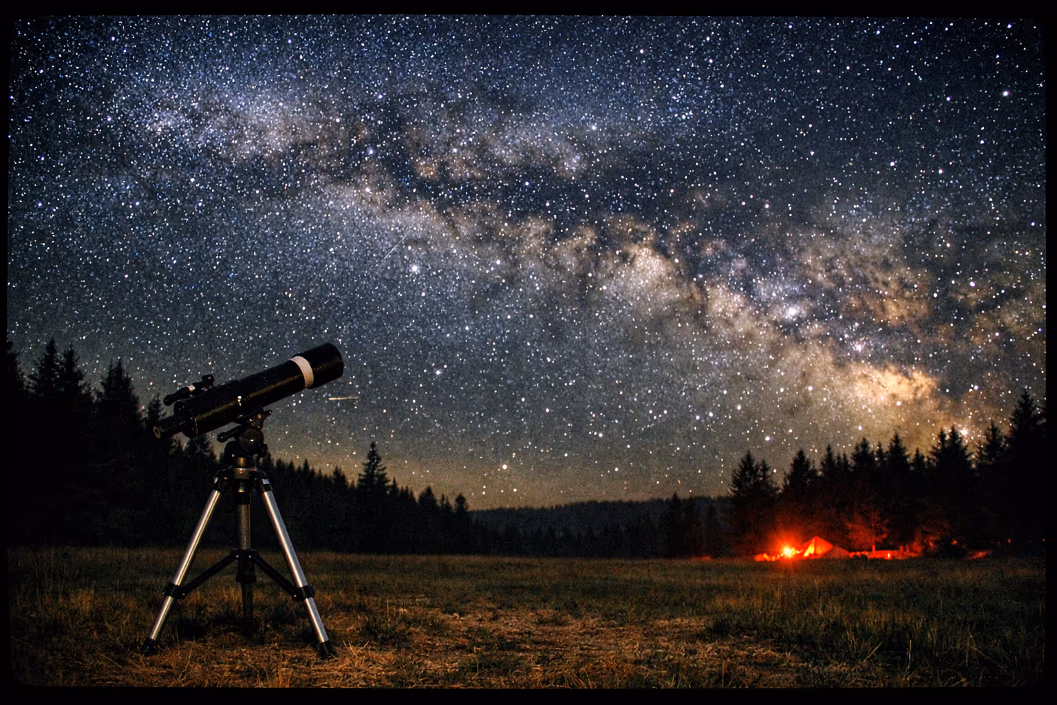Milky Way arching over Cherry Springs State Park with a telescope silhouette and subtle campsite glow
