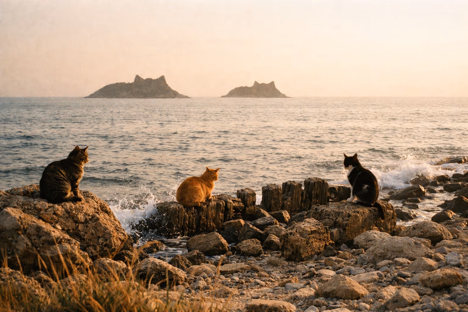 Editorial view of Japan's cat islands at golden hour with distant rocky islets and resting cats
