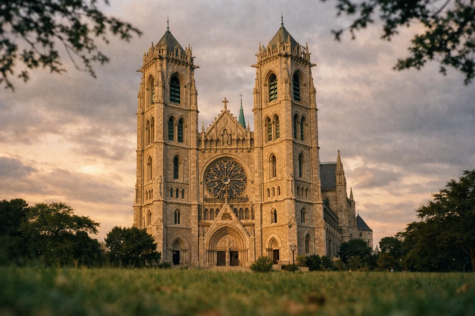 Exterior view of the Cathedral Basilica of the Sacred Heart at golden hour, twin towers and rose window