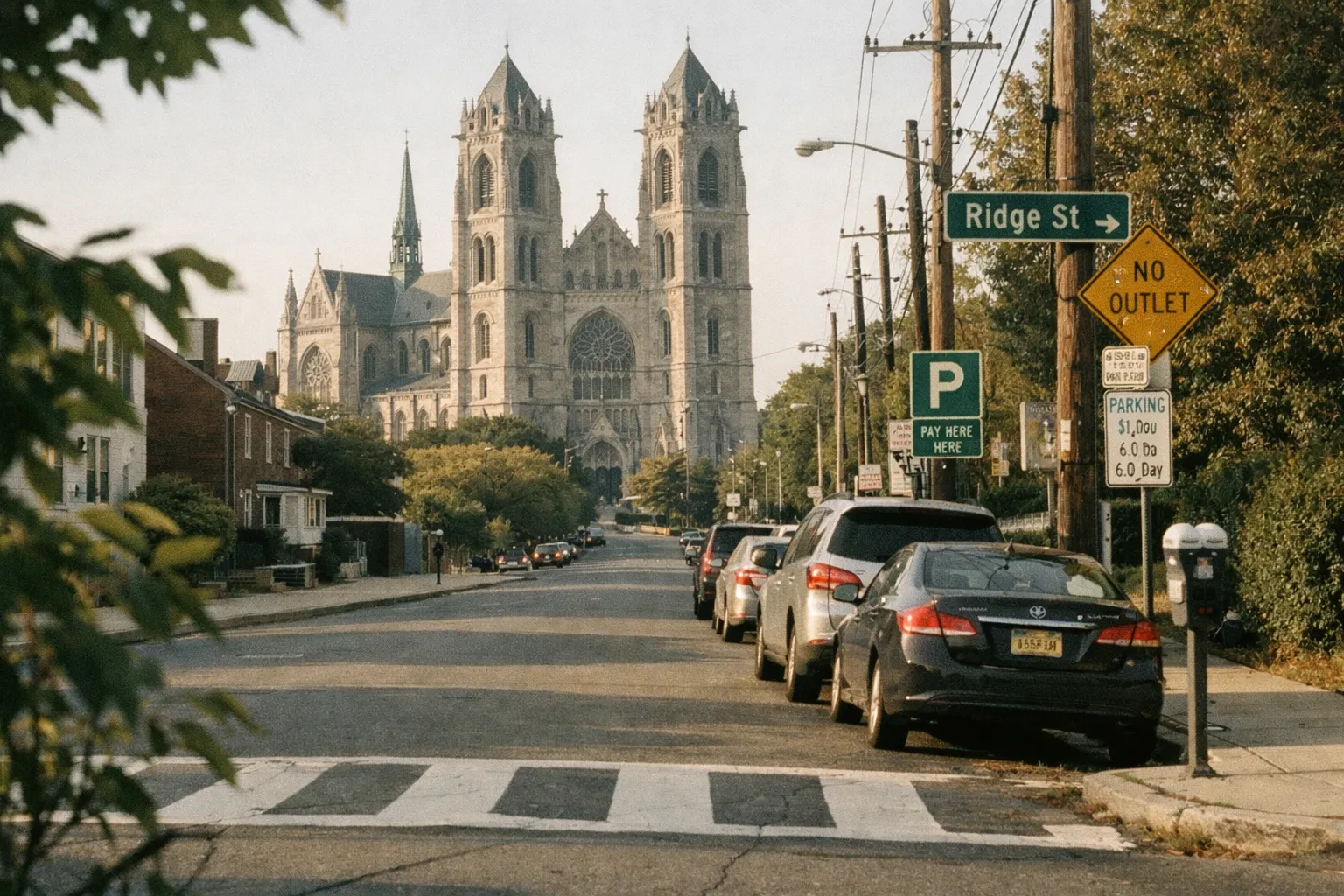 Street-level view of Ridge Street approach with the cathedral in the distance and parked cars nearby