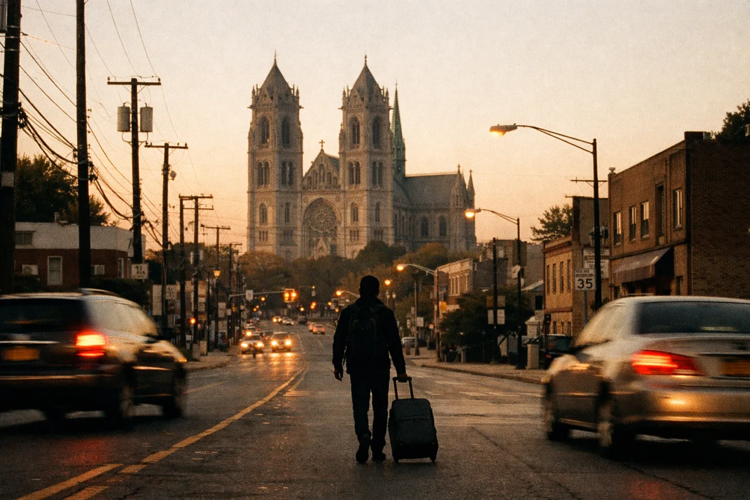 Silhouette of a traveler with luggage walking toward the cathedral from Newark area