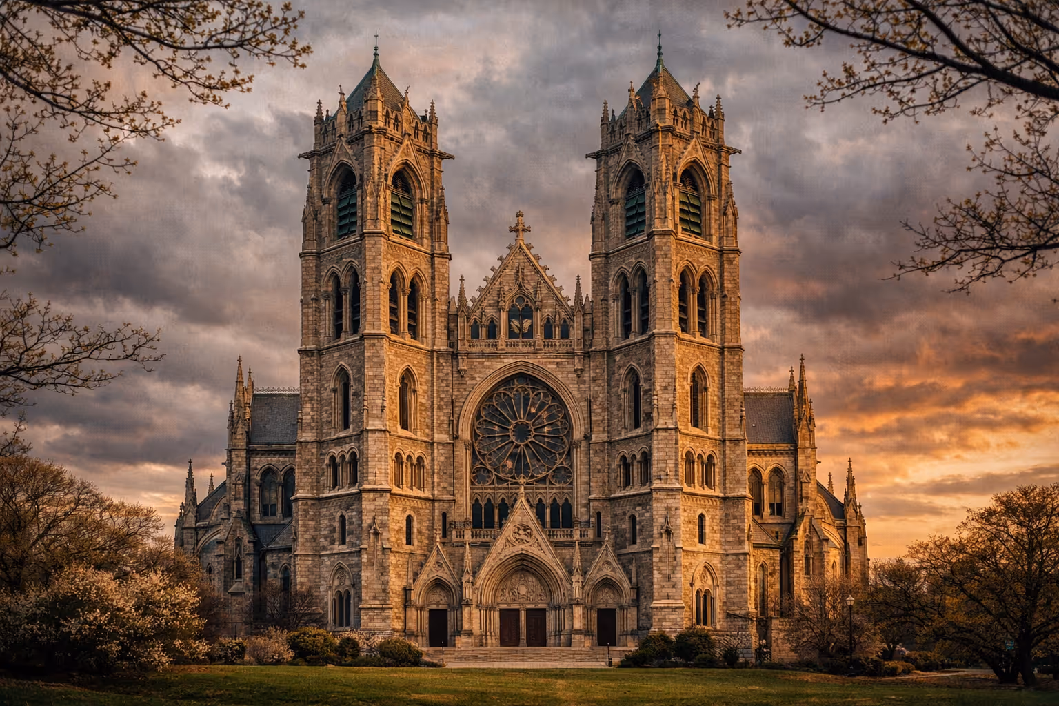 Exterior view of the Cathedral Basilica of the Sacred Heart in Newark at golden hour with dramatic sky