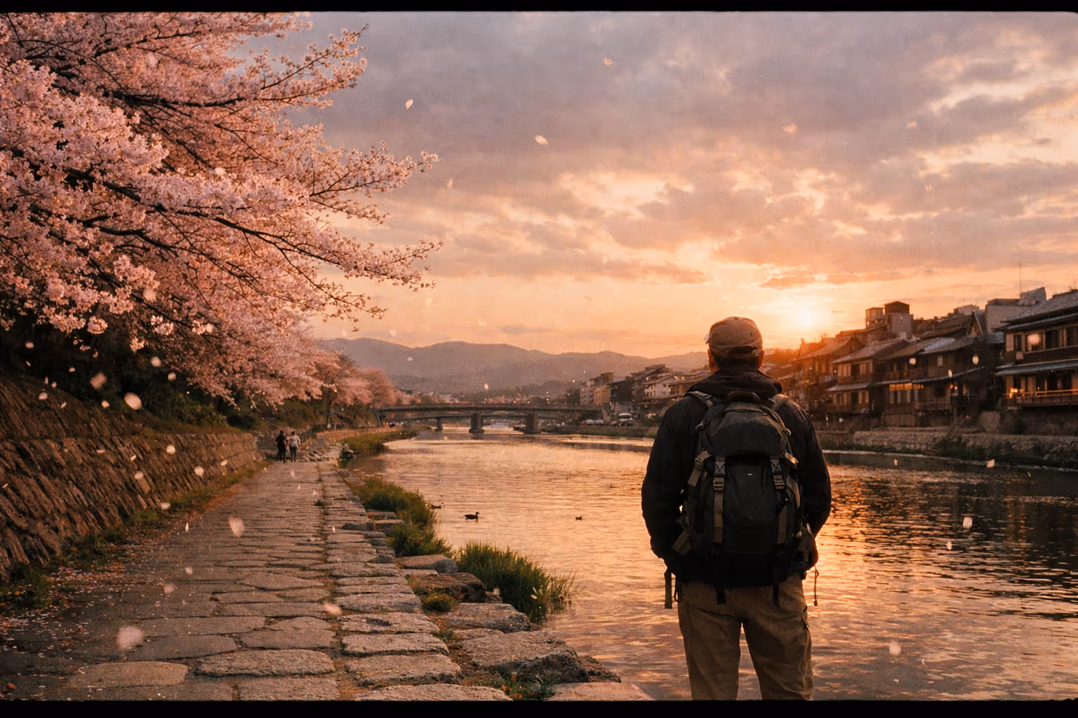 Wide editorial shot of cherry blossoms along a river in Kyoto during golden hour, a lone traveler seen from behind pausing along a stone path.