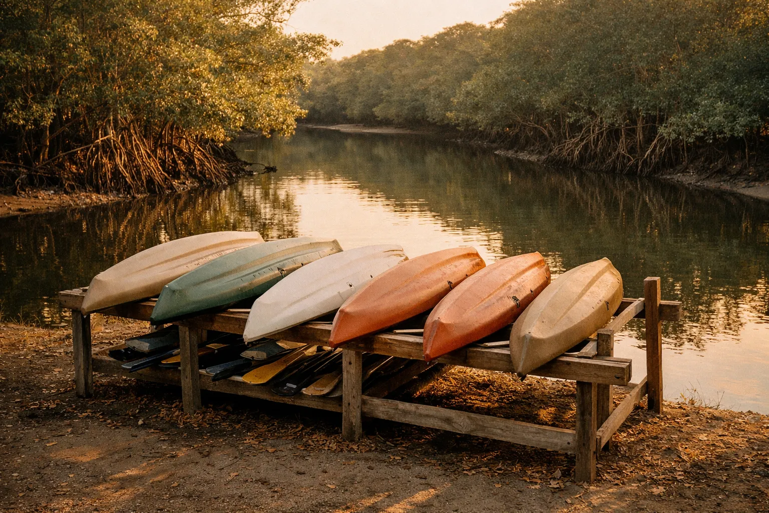 Line of kayaks resting by a mangrove estuary at golden hour