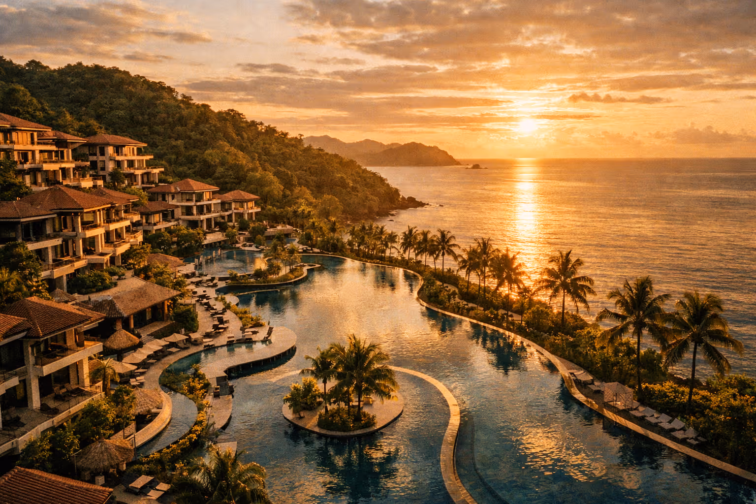 Editorial hero image: sunset over a Costa Rica all-inclusive resort with terraces and pool