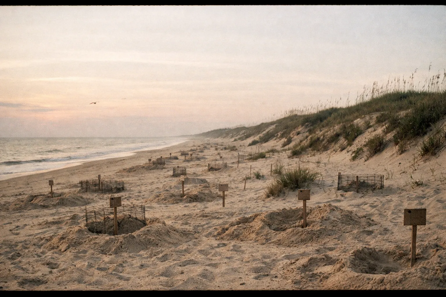 Nest-lined Ostional beach at dawn with gentle waves and a distant forested hillside
