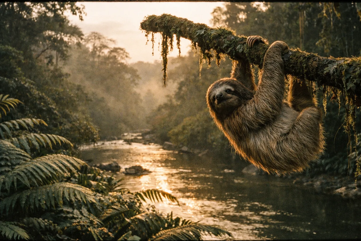 Sloth hanging from a mossy branch in a Costa Rica rainforest at golden hour