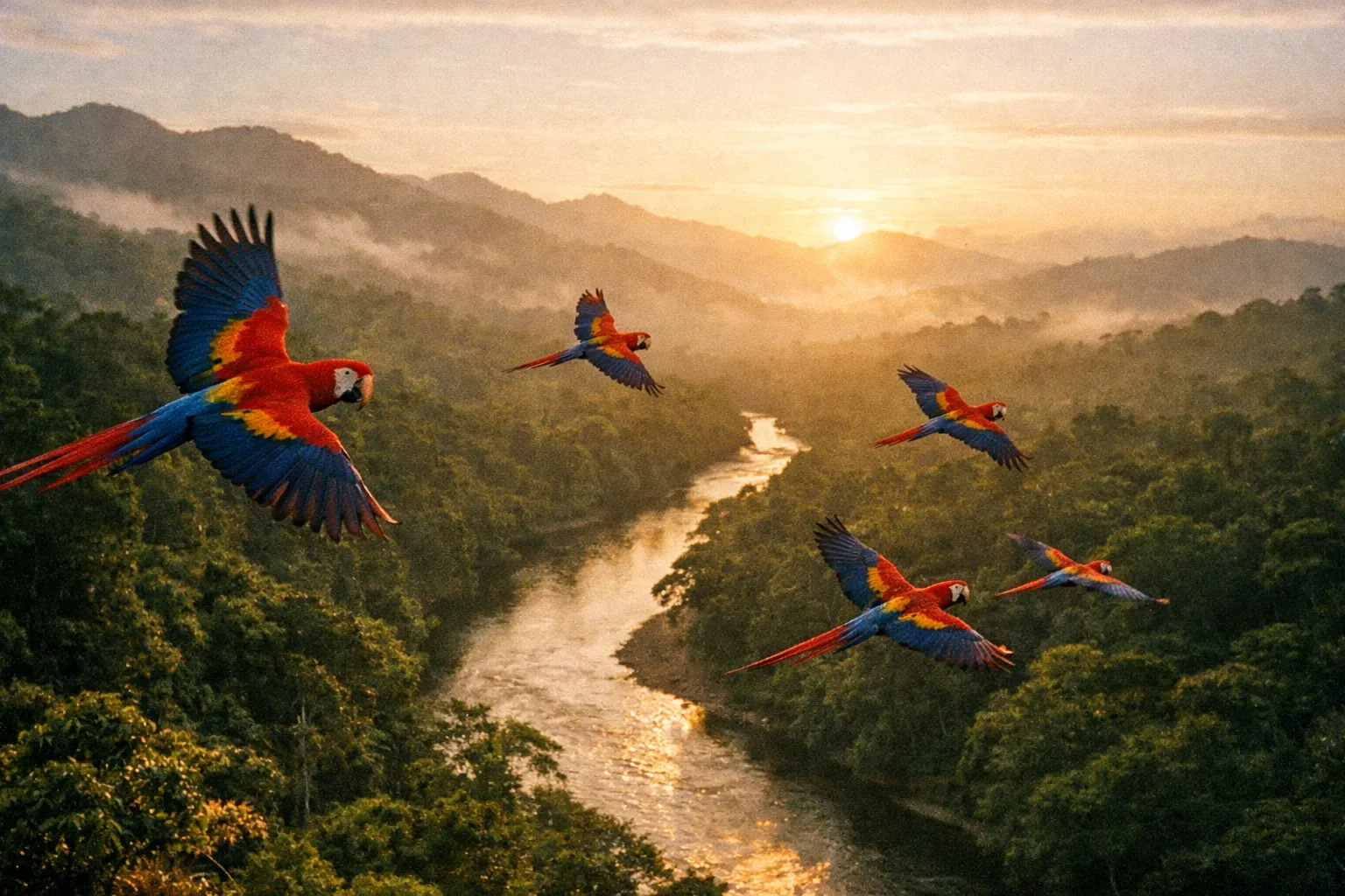 Scarlet macaws in flight over a rainforest river in Costa Rica at golden hour