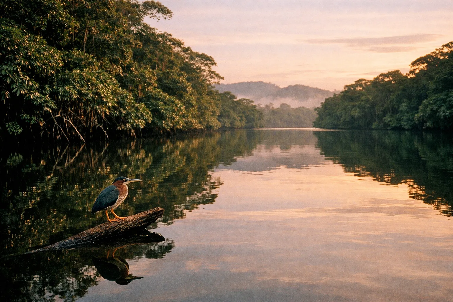 Dawn over Tortuguero Canal with a green heron perched on a log