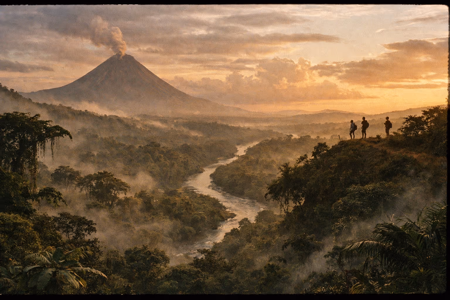 Costa Rica's diverse landscapes at golden hour: rainforest, river, volcano, and hikers as silhouettes