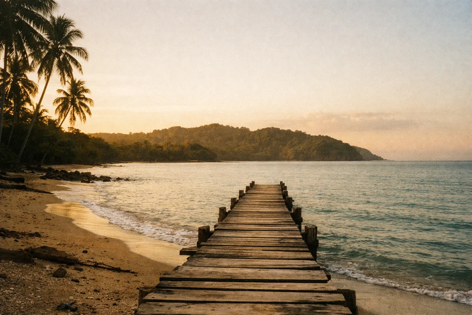 Quiet Costa Rican Pacific beach at golden hour with palm silhouettes