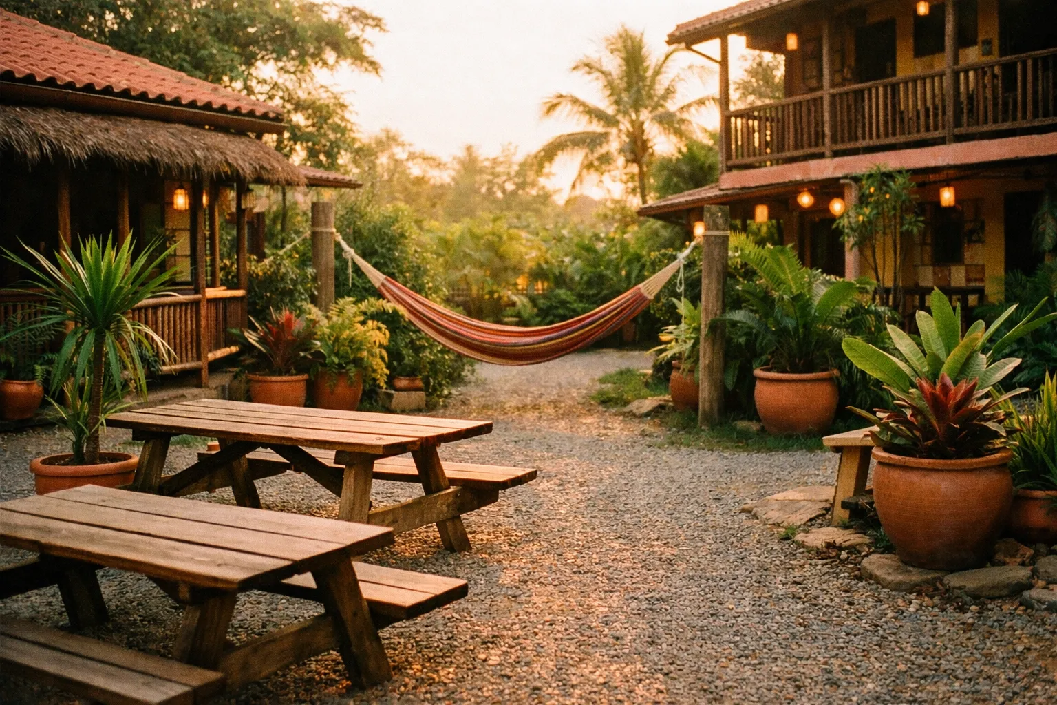 Budget hostel courtyard with hammock and plants