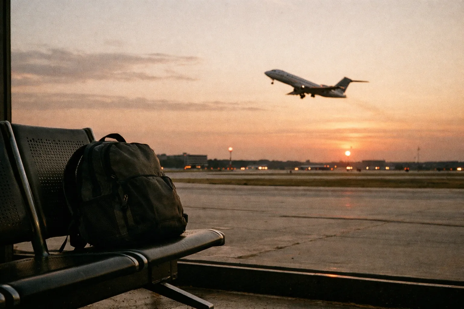 Airport runway at sunset with a backpack and a plane taking off