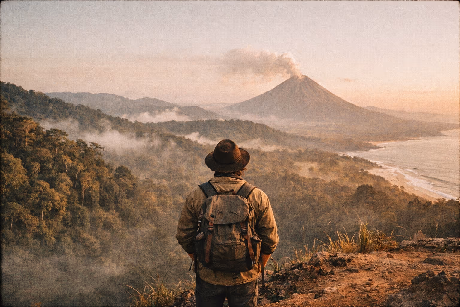Panoramic Costa Rica landscape combining rainforest, volcano, cloud forest, and beach at golden hour