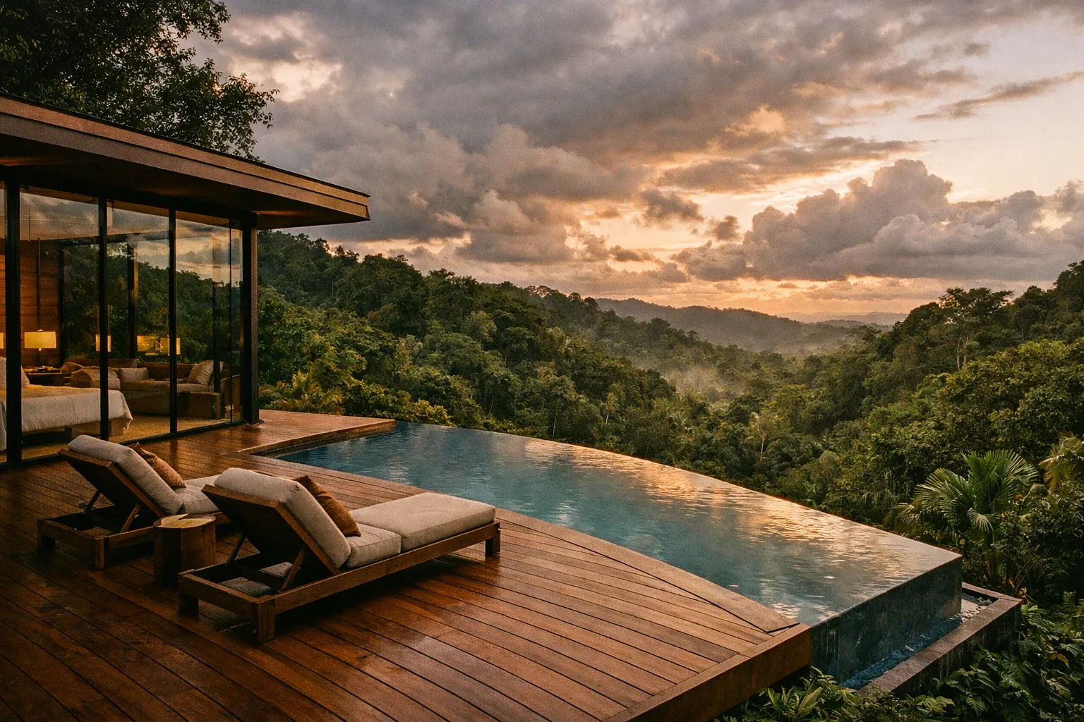 Luxurious eco-lodge deck and infinity pool facing a misty rainforest at sunset