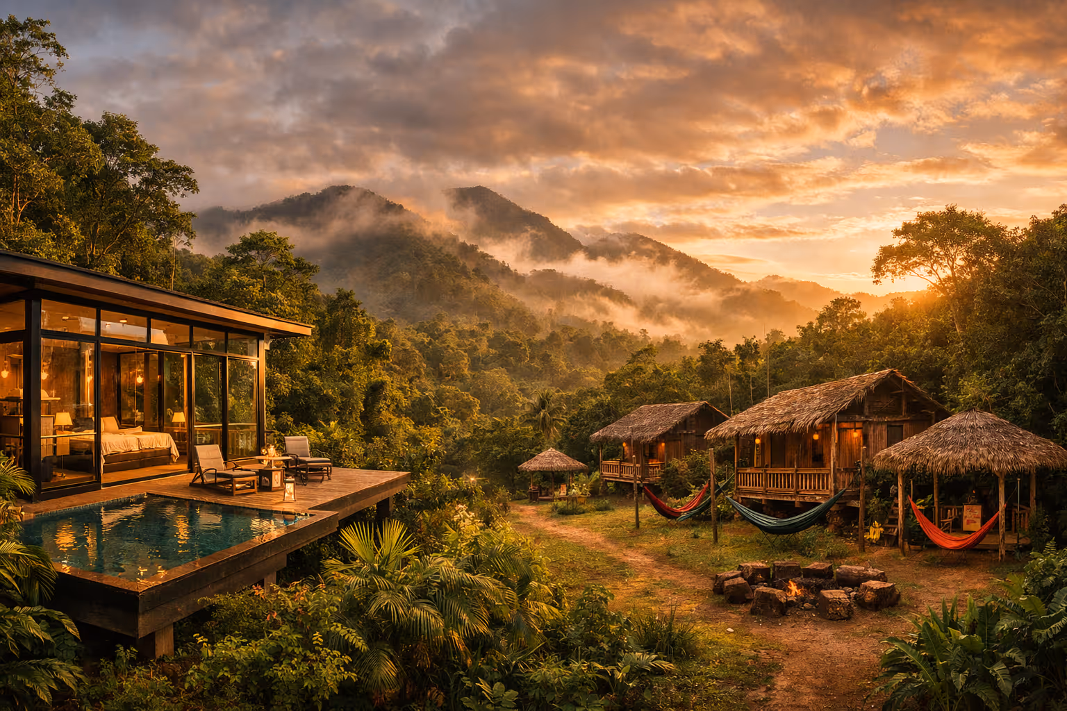 Juxtaposition of Costa Rica luxury and budget eco-lodges in a single editorial spread, with rainforest backdrop