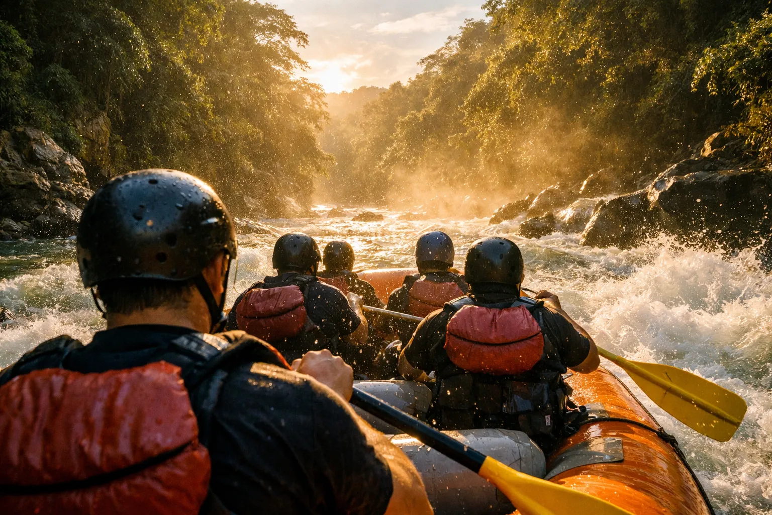 Back-view of a paddler steering a raft through whitewater on the Pacuare River, rainforest on either bank.